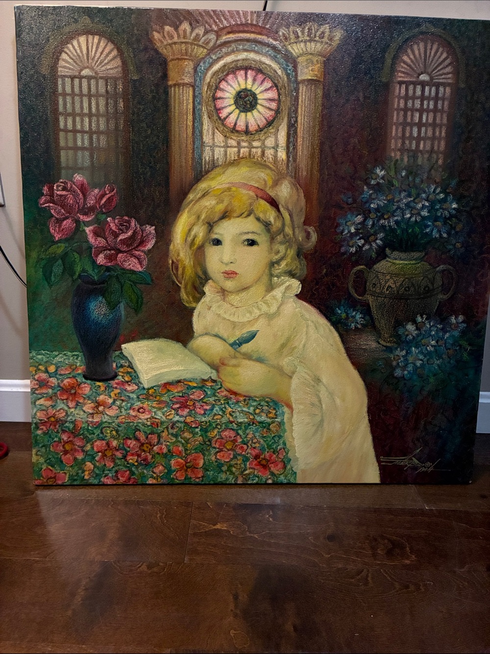 Vintage-Style Girl Portrait Oil Painting — Cream, Pink, Blue